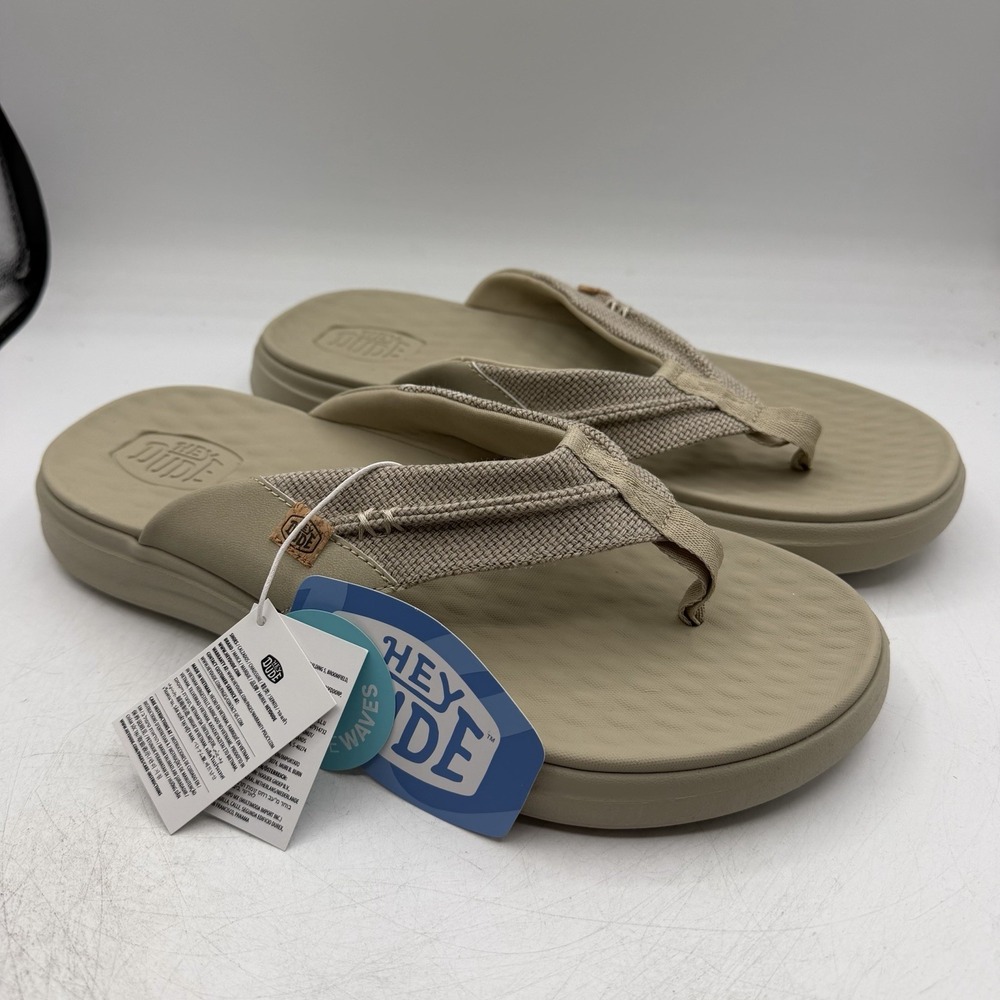 Hey Dude Finn Braided Flip Flops Mens Sz 13 Tan Khaki Thong Sandals 45424-265